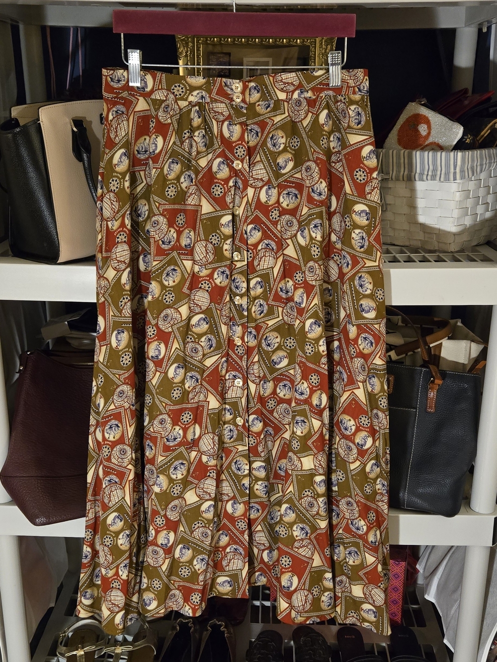 Vintage Pendleton Miss Sophistocates Button-Front Midi Skirt in Rust & Olive